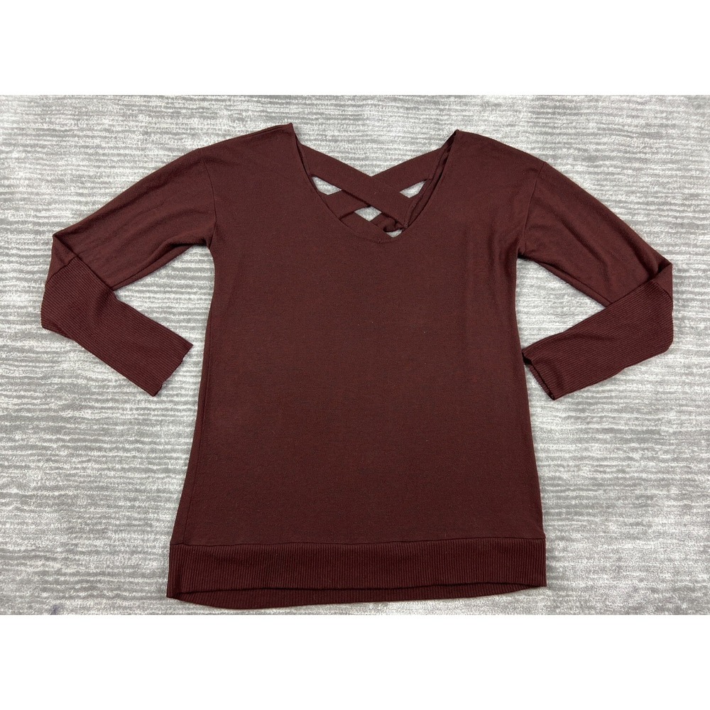 Miss Chievous Top Womens Large Burgundy Criss Cross Back V-Neck Long Sleeve Knit